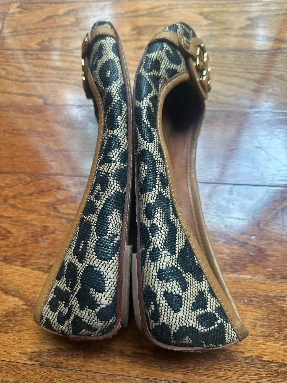 Tory Burch Black and Tan Logo-Embellished Canvas Ballet Flats